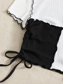 SHEIN EZwear Plus Two Tone Lettuce Trim Drawstring Side Crop Tee For Summer - Black and White - View 3