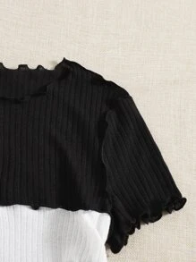 SHEIN EZwear Plus Two Tone Lettuce Trim Drawstring Side Crop Tee For Summer - Black and White - View 5