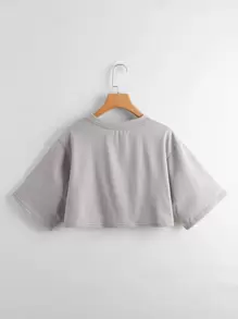 INAWLY Solid Drop Shoulder Crop Tee