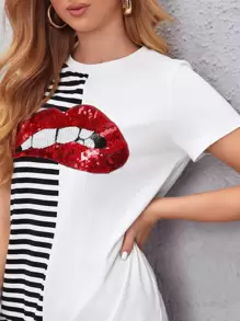 SHEIN Privé Đầm ghép mộng kim sa Con số Sọc Giải trí - Nhiều màu - Xem 5