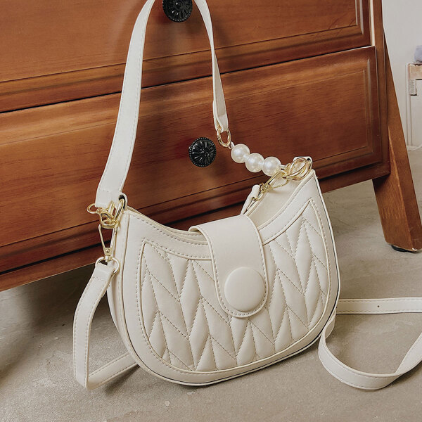 

Quilted Flap Baguette Bag, White