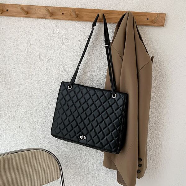 

Minimalist Quilted Double Handle Tote Bag, Black