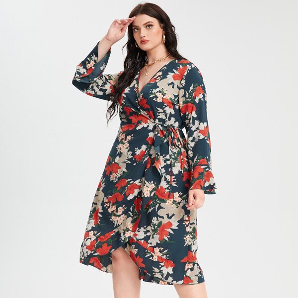 

Plus Floral Print Flounce Sleeve Tie Side Wrap Dress, Multicolor