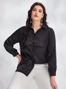 Plus Satin Jacquard Button Front Shirt - Black - View 1