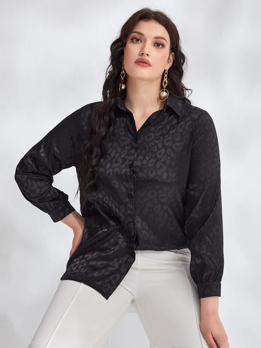 Plus Satin Jacquard Button Front Shirt - Black - View 1