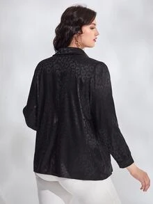Plus Satin Jacquard Button Front Shirt - Black - View 2