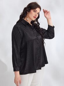 Plus Satin Jacquard Button Front Shirt - Black - View 3