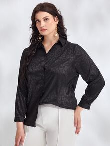 Plus Satin Jacquard Button Front Shirt - Black - View 4