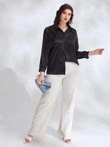 Plus Satin Jacquard Button Front Shirt - Black - View 5