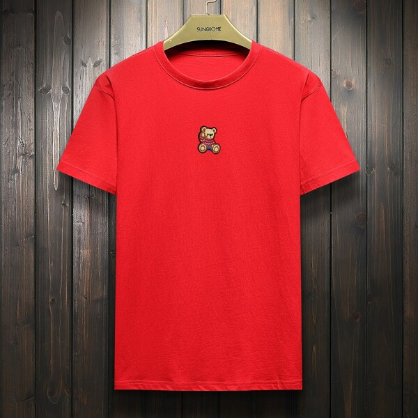 

Men Cartoon Bear Embroidered Tee, Red