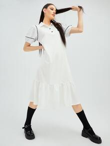Mulvari Polo Collar Patched Lantern Sleeve Ruffle Hem Dress - White - View 1