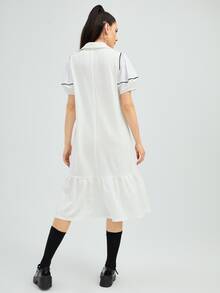 Mulvari Polo Collar Patched Lantern Sleeve Ruffle Hem Dress - White - View 2
