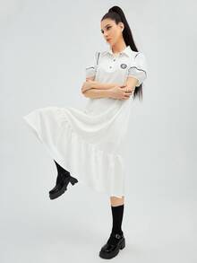 Mulvari Polo Collar Patched Lantern Sleeve Ruffle Hem Dress - White - View 3