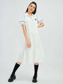 Mulvari Polo Collar Patched Lantern Sleeve Ruffle Hem Dress - White - View 4