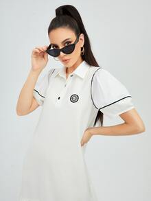 Mulvari Polo Collar Patched Lantern Sleeve Ruffle Hem Dress - White - View 5