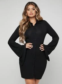 SHEIN SXY Solid Button Up Bell Sleeve Solid Dress - Black - View 1