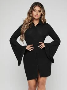 SHEIN SXY Solid Button Up Bell Sleeve Solid Dress - Black - View 3