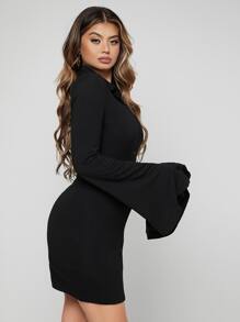 SHEIN SXY Solid Button Up Bell Sleeve Solid Dress - Black - View 4