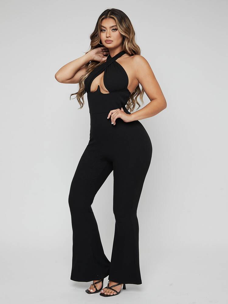 SHEIN SXY Cut Out Front Open Back Halter Jumpsuit - Black - View 4