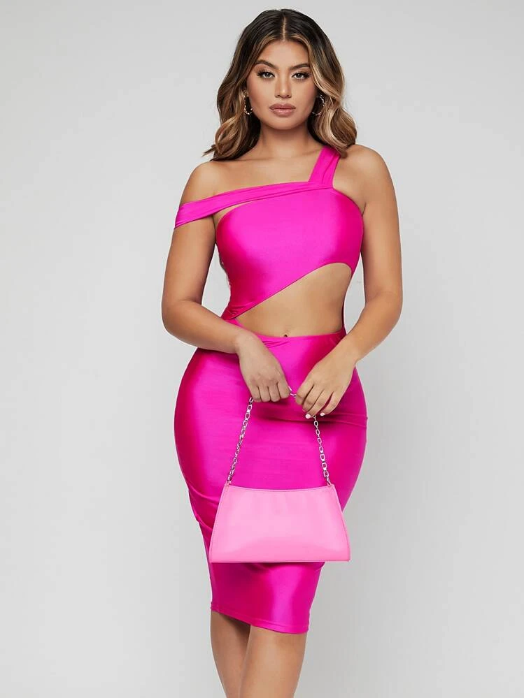 SHEIN SXY Neon Pink Asymmetrical Neck Cut Out Bodycon Dress SHEIN USA