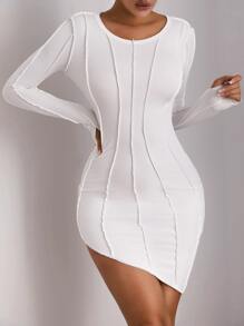 SHEIN SXY 接縫細節不對稱下擺緊身連衣裙 - 白色 - 查看 1