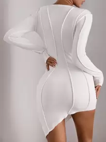 SHEIN SXY 接縫細節不對稱下擺緊身連衣裙 - 白色 - 查看 2