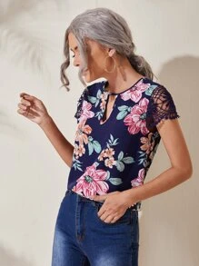 SHEIN Clasi 鎖孔領花卉上衣 - 彩色 - 查看 3