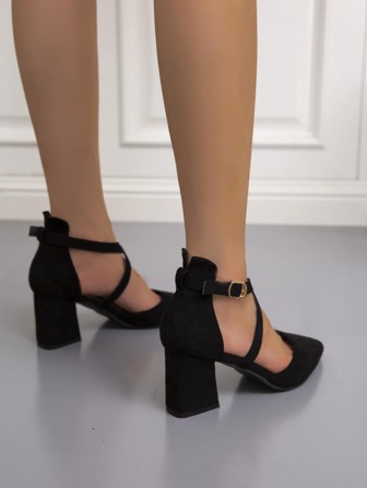 Fall/Winter Women Faux Suede Minimalist Cross Strap Chunky Heels Pumps, Elegant, Party