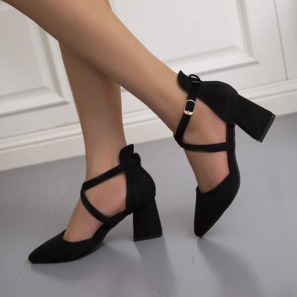 

Minimalist Cross Strap Chunky Pumps, Black