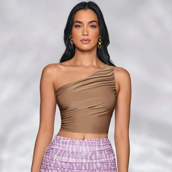 

One Shoulder Ruched Crop Top, Brown