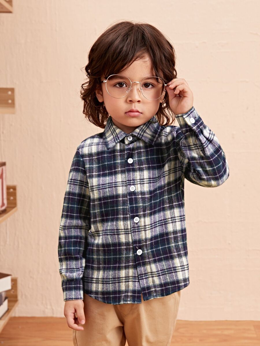 小男童格子襯衫 - 藏蓝色 - 查看 1