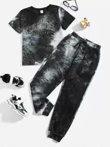 SHEIN Leap Crew Cậu bé Tween Đồ họa Chữ cái Nhuộm buộc Áo thun & quần thể thao - Nhiều màu - Xem 1