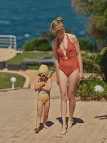 SHEIN 1Pc Gathered One Piece Swimsuit - Rust Brown - View 5