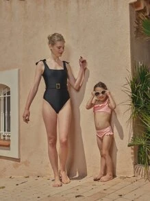 SHEIN 1Pc Buckle Belted One Piece Swimsuit - Black - View 4