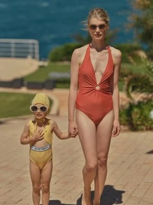 SHEIN 1Pc Gathered One Piece Swimsuit - Rust Brown - View 1