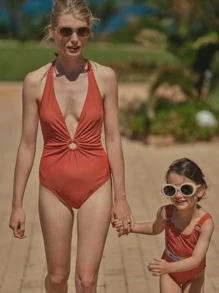 SHEIN 1Pc Gathered One Piece Swimsuit - Rust Brown - View 3