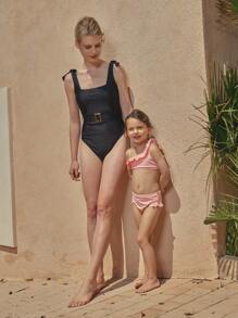 SHEIN 1Pc Buckle Belted One Piece Swimsuit - Black - View 5