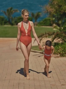 SHEIN 1Pc Gathered One Piece Swimsuit - Rust Brown - View 8