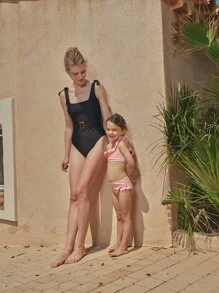 SHEIN 1Pc Buckle Belted One Piece Swimsuit - Black - View 3