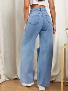 SHEIN EZwear Jeans de pierna ancha con diseño roto con cremallera