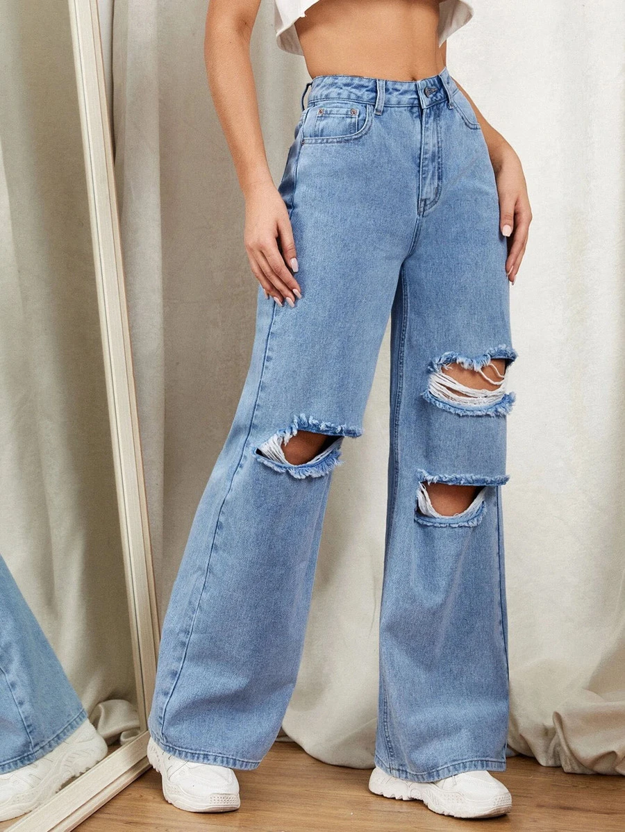 SHEIN EZwear Jeans de pierna ancha con diseño roto con cremallera