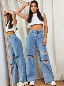 SHEIN EZwear Jeans de pierna ancha con diseño roto con cremallera