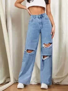 SHEIN EZwear Jeans de pierna ancha con diseño roto con cremallera