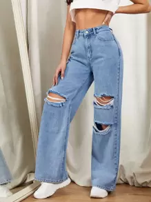 SHEIN EZwear Jeans de pierna ancha con diseño roto con cremallera