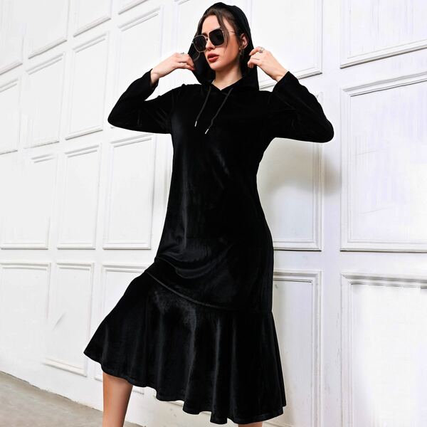 

Solid Drawstring Ruffle Hem Sweatshirt Dress, Black