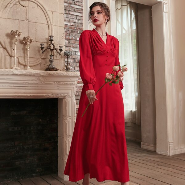 

Ruched Bust Lantern Sleeve A-line Dress, Red