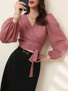 Modelyn Áo sơ mi Trọn gói Thắt nơ trước màu trơn Thanh lịch - Bụi hồng - Xem 1