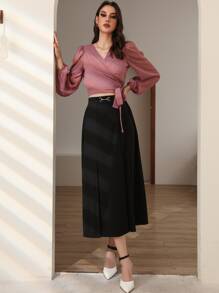 Modelyn Áo sơ mi Trọn gói Thắt nơ trước màu trơn Thanh lịch - Bụi hồng - Xem 3