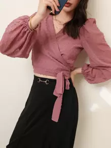 Modelyn Áo sơ mi Trọn gói Thắt nơ trước màu trơn Thanh lịch - Bụi hồng - Xem 6