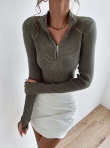 SHEIN Essnce 條紋針織半拉鏈短款毛衣